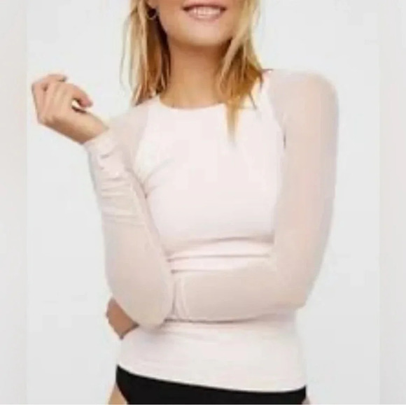 NWOT || FREE PEOPLE INTIMATELY || shirt with sheer sleeves, sz small, white - Picture 2 of 4